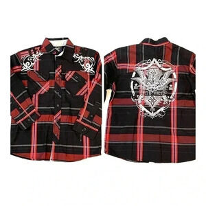 SK2 Apparel Boy Button Up Long Slv Shirt Black Red Design Epaulettes Sz M(8) New